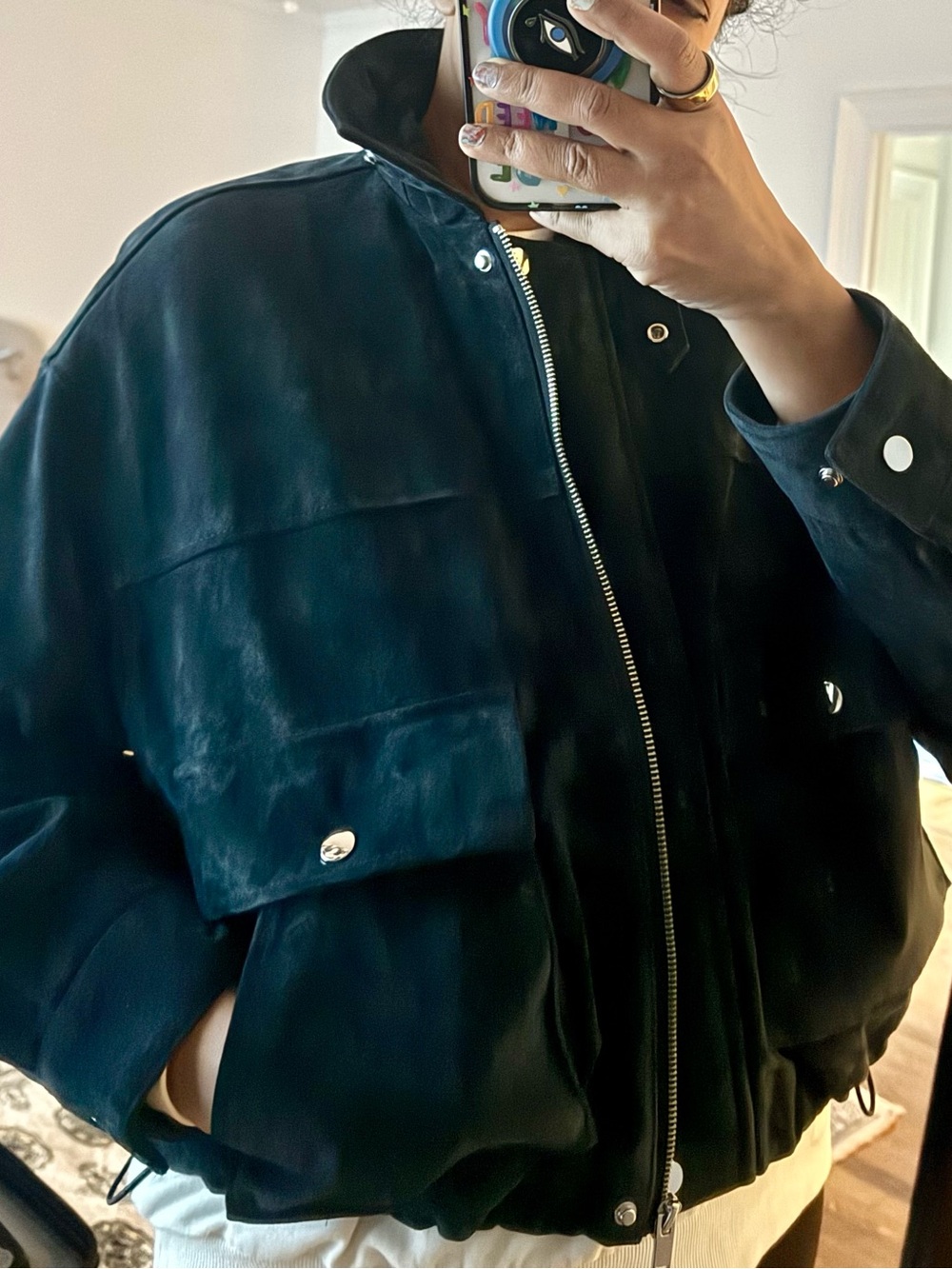 New Never Worn Zara Navy Suede Bomber Jacket with Dark Navy Lining